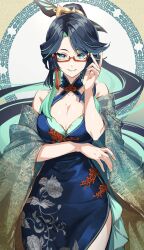 Rule 34 | 1girl, alternate costume, aqua eyes, aqua lips, black hair, breasts, china dress, chinese clothes, chinese hairpin, cleavage, colored inner hair, dress, earrings, genshin impact, glasses, green hair, hair ornament, highres, itsumono katze, jewelry, large breasts, long hair, looking at viewer, multicolored hair, red-framed eyewear, semi-rimless eyewear, smile, solo, tassel, two-tone hair, xianyun (genshin impact)