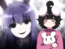 Rule 34 | 2girls, :3, ahoge, animal ears, black hair, black mouth, blush, carrot necklace, closed mouth, collared shirt, commentary request, dark gathering, empty eyes, floppy ears, grey background, hair between eyes, houzuki eiko, houzuki yayoi, huge ahoge, inaba mob (touhou), inaba tewi, jewelry, looking at viewer, medium bangs, multiple girls, necklace, open mouth, parody, pink shirt, purple hair, rabbit, rabbit-shaped pupils, rabbit ears, rabbit girl, red eyes, reisen udongein inaba, shirosato, shirt, short hair, skull-shaped pupils, smile, symbol-shaped pupils, textless version, thick eyebrows, touhou, trembling, upper body, white shirt