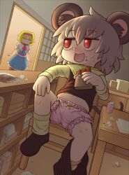 Rule 34 | 2girls, alice margatroid, animal ears, ascot, black footwear, blonde hair, bloomers, blue dress, blush, box, can, candy, capelet, cardboard box, chips (food), chocolate, chocolate bar, closed eyes, commentary request, cookie (touhou), counter, drddrddo, dress, drink can, dutch angle, eating, food, food on face, frilled dress, frilled hairband, frilled sash, frills, full body, grey hair, grey skirt, grey vest, hair between eyes, hairband, highres, holding, holding food, ichigo (cookie), indoors, long bangs, long sleeves, looking at another, mouse ears, mouse girl, mouse tail, multiple girls, nazrin, nyon (cookie), open mouth, pink ascot, pink bloomers, pink hairband, pink sash, potato chips, red eyes, sash, shelf, shirt, shoes, short hair, shouji, skirt, skirt around one leg, sliding doors, smile, socks, soda can, surprised, table, tail, touhou, underwear, vest, white capelet, white shirt, white socks