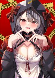 Rule 34 | 1girl, absurdres, animal hood, bare shoulders, black collar, black hair, blush, braid, breasts, camisole, cleavage, collar, fangs, finger heart, grey hair, hair ornament, highres, hololive, hood, horo 27, large breasts, looking at viewer, medium hair, multicolored hair, off-shoulder jacket, off shoulder, open mouth, orca hood, red eyes, red nails, sakamata chloe, sakamata chloe (1st costume), solo, streaked hair, teeth, upper teeth only, virtual youtuber, white camisole, x hair ornament