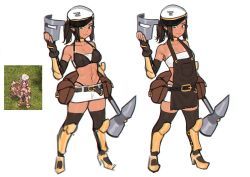 Rule 34 | 1girl, apron, armor, bare shoulders, belt, belt buckle, belt pouch, black gloves, black hair, black thighhighs, breasts, brown apron, buckle, character request, choker, collarbone, commentary, elbow gloves, elf, english commentary, fingerless gloves, full body, gloves, green eyes, hammer, hat, high heels, legs apart, looking at viewer, midriff, miniskirt, multiple views, navel, panty straps, photo inset, pointy ears, pouch, ragnarok online, reference inset, screenshot inset, short hair, simple background, skirt, small breasts, smile, standing, strapless, sunna (nilsunna), thighhighs, toned, tube top, vambraces, welding mask, white background, yellow choker, zettai ryouiki