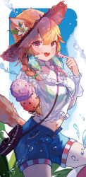 Rule 34 | 1girl, animal ears, bag, blue shorts, braid, breasts, choker, cleavage, commentary, denim, denim shorts, double scoop, earrings, fake tail, feather earrings, feathers, food, fox ears, fox girl, frilled shirt, frills, green choker, handbag, happyongdal, hat, highres, hololive, hololive english, ice cream, jewelry, kemonomimi mode, large breasts, looking at viewer, low twin braids, low twintails, medium breasts, official alternate costume, open mouth, orange hair, red eyes, shirt, shorts, solo, straw hat, sun hat, symbol-only commentary, tail, takanashi kiara, takanashi kiara (casual), twin braids, twintails, virtual youtuber, white shirt