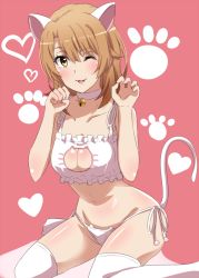 Rule 34 | 1girl, ;d, animal ears, bell, bra, breasts, brown hair, cat cutout, cat ears, cat lingerie, cat tail, cinderella bust, cleavage, cleavage cutout, clothing cutout, collar, collarbone, dars (recolors), frilled bra, frills, groin, heart, isshiki iroha, kemonomimi mode, long hair, looking at viewer, medium breasts, meme attire, navel, neck bell, one eye closed, open mouth, panties, paw pose, pink background, ribbon, shiny skin, side-tie panties, sitting, smile, solo, tail, thighhighs, underwear, underwear only, wariza, white bra, white panties, white ribbon, white thighhighs, yahari ore no seishun lovecome wa machigatteiru., yellow eyes