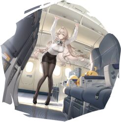Rule 34 | 1girl, absurdres, ahoge, aircraft, airplane, airplane interior, andrea doria (azur lane), andrea doria (have a safe flight) (azur lane), arms up, azur lane, black pantyhose, black skirt, bow, bowtie, breasts, brown eyes, brown hair, collared shirt, drill hair, english text, flight attendant, hair between eyes, haori io, high heels, highres, indoors, large breasts, long hair, long sleeves, looking at viewer, manjuu (azur lane), non-web source, official alternate costume, official art, pantyhose, pencil skirt, shirt, skirt, solo, travel attendant, twin drills, very long hair, white shirt, window