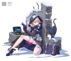 Rule 34 | 1girl, absurdres, artist name, bag, beretta px4 storm, black cat, blonde hair, breath, cat, character name, commentary, computer, crate, dress, full body, girls&#039; frontline, gloves, green eyes, gun, hair between eyes, handgun, hiding, high heels, highres, holding, holding gun, holding weapon, hood, hood up, hooded coat, kneeling, laptop, legs, load bearing equipment, mole, mole under eye, on one knee, pouch, px4 storm (girls&#039; frontline), rubble, shoes, short dress, short hair, shoulder pads, snow, snow on head, solo, sweatdrop, thigh strap, vaffer, wall, weapon