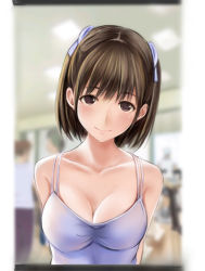 Rule 34 | 1boy, 2girls, anegasaki nene, arm behind back, bare arms, blue bow, blue tank top, blurry, blurry background, blush, bow, bra strap, breasts, brown eyes, brown hair, cleavage, collarbone, hair bow, indoors, large breasts, looking at viewer, love plus, medium hair, mole, mole under eye, multiple girls, nannacy7, shop, skindentation, sleeveless, smile, tank top, upper body