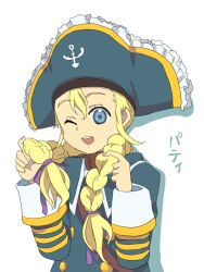 Rule 34 | 00s, 1girl, blonde hair, blue eyes, braid, character name, child, hat, housengo, one eye closed, patty fleur, pirate hat, solo, tales of (series), tales of vesperia, twin braids, wink