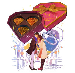 Rule 34 | 1boy, 1girl, bow, box, brown hair, chocolate, closed eyes, commentary request, covering own mouth, diamond ring, heart, high heels, highres, holding, holding box, jacket, jewelry, long sleeves, momiji mao, open mouth, original, ornate ring, pants, pink footwear, ribbon, ring, short hair, signature, sparkle, wedding ring