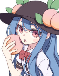 Rule 34 | 1girl, absurdres, black hat, blue hair, blush stickers, buttons, food, food-themed hat ornament, fruit, fruit hat ornament, hair between eyes, hat, hat ornament, highres, hinanawi tenshi, holding, holding food, holding fruit, kame (kamepan44231), long hair, one-hour drawing challenge, open mouth, peach, red eyes, shirt, short sleeves, simple background, solo, touhou, upper body, white background, white shirt