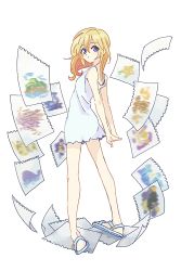 Rule 34 | 1girl, arms behind back, blonde hair, blue eyes, breasts, drawing, dress, flying paper, from behind, full body, hair between eyes, kingdom hearts, kingdom hearts ii, kuri6 4, long hair, looking at viewer, looking back, namine, pages, paper, sandals, short dress, small breasts, solo, white background, white dress