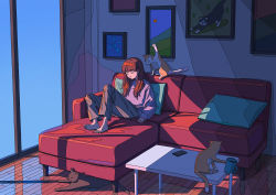 Rule 34 | 1girl, animal ears, barefoot, brown hair, brown pants, cat, cellphone, closed eyes, coffee cup, commentary request, couch, cup, cushion, disposable cup, drawing (object), full body, highres, indoors, kenharu, ligne claire, long hair, long sleeves, on couch, original, pants, parted lips, phone, purple sweater, sitting, sleeping, sleeves past wrists, smartphone, solo, sweater, table, wooden floor