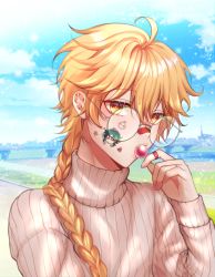 Rule 34 | 1boy, absurdres, aether (genshin impact), ahoge, bandaid, bandaid on face, bandaid on hand, bandaid on nose, blonde hair, braid, braided ponytail, eyes visible through hair, genshin impact, glasses, highres, looking at viewer, simple background, sticker on face, tonwwee, yellow eyes