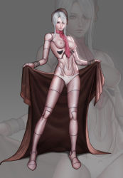 Rule 34 | 1girl, ascot, audia pahlevi, bloodborne, bonnet, breasts, doll, doll joints, full body, highres, joints, looking at viewer, navel, nipples, panties, plain doll, silver hair, solo, stomach, underwear, undressing, white panties, zoom layer