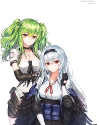 Rule 34 | 2girls, baek hyang, black gloves, black hairband, black jacket, black neckwear, black shorts, black skirt, blush, breasts, camouflage, character name, choker, closed mouth, collarbone, collared shirt, dated, elbow gloves, feather-trimmed jacket, girls&#039; frontline, gloves, green hair, hair between eyes, hairband, hand on another&#039;s shoulder, hand up, head tilt, highres, jacket, jewelry, long hair, long sleeves, looking at viewer, m950a (girls&#039; frontline), medium breasts, multiple girls, neck ribbon, neckerchief, necklace, off shoulder, pouch, red eyes, red ribbon, ribbon, scar, scar on neck, shirt, shorts, sidelocks, simple background, sitting, skirt, smile, thighs, thunder (girls&#039; frontline), twintails, white background, yellow eyes