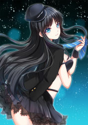 Rule 34 | 1girl, aquaplus, black hair, black jacket, blazer, blue eyes, blush, breasts, cleavage, closed mouth, crop top, frilled skirt, frills, from side, hat, highres, jacket, large breasts, leaning forward, lips, long hair, looking at viewer, midriff, necktie, off shoulder, raised eyebrows, sidelocks, skirt, smile, snow, snowing, solo, thighs, touma kazusa, very long hair, white album, white album (series), white album 2, wrist cuffs