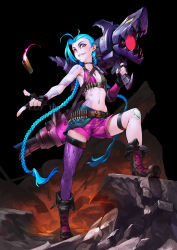 Rule 34 | 1girl, blue hair, braid, bullet, cannon, fingerless gloves, flat chest, gloves, highres, jewelry, jinx (league of legends), league of legends, long hair, looking at viewer, navel, necklace, patipat asavasena, pink eyes, single thighhigh, smile, solo, tattoo, thigh strap, thighhighs, twin braids, very long hair, weapon