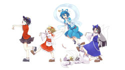 Rule 34 | 5girls, absurdres, belt, beret, blonde hair, blue dress, blue hair, bow, dress, drill hair, closed eyes, faceplant, fairy, fairy wings, fang, female focus, flying, green eyes, hair bow, hair ornament, hair rings, hair stick, hand to own mouth, hat, hayaneko (ceceragi), highres, japanese clothes, jiangshi, kaku seiga, kimono, long hair, long sleeves, luna child, maid headdress, miyako yoshika, multiple girls, obi, ofuda, open clothes, open mouth, open vest, outstretched arms, puffy sleeves, sash, shawl, shirt, short hair, short sleeves, skirt, skirt set, smile, star sapphire, sunny milk, thesanaelove, touhou, vest, white dress, wide sleeves, wings, zombie pose