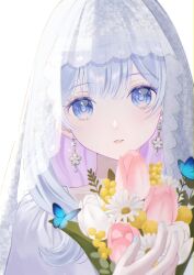 Rule 34 | 1girl, blue eyes, bridal veil, bug, butterfly, flower, grey hair, highres, insect, long hair, looking at viewer, original, parted lips, pink flower, portrait, ruruka 003, simple background, solo, veil, white background, white flower