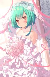 Rule 34 | 1girl, bare shoulders, blush, bouquet, bridal veil, closed mouth, double bun, dress, flat chest, flower, frilled dress, frills, green hair, hair bun, hair ornament, highres, holding, holding bouquet, hololive, kanti15, looking at viewer, off-shoulder dress, off shoulder, red eyes, short hair, sidelocks, skull hair ornament, smile, solo, uruha rushia, veil, virtual youtuber, wedding dress, white dress