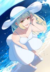 1girl :d absurdres blonde_hair breasts cleavage commentary_request creatures_(company) day dress game_freak green_eyes hand_up happy hat highres lillie_(pokemon) long_hair mocacoffee_1001 nintendo open_mouth outdoors pokemon pokemon_sm sand shoes shore signature sky sleeveless sleeveless_dress smile solo sparkle standing sun_hat water white_dress white_footwear white_hat