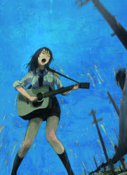 Rule 34 | 1girl, acoustic guitar, bad id, bad pixiv id, black hair, blue background, closed eyes, from below, guitar, highres, instrument, long hair, music, necktie, nimirom, open mouth, original, rain, shirt, singing, skirt, sleeves rolled up, solo, utility pole, wet, wet clothes
