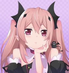 Rule 34 | 1girl, absurdres, bare shoulders, blush, brown eyes, closed mouth, collarbone, eyebrows, head in hand, head rest, highres, krul tepes, kukie-nyan, long hair, owari no seraph, pointy ears, solo, twintails, upper body, vampire