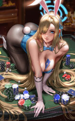 Rule 34 | 1girl, animal ears, aqua leotard, asuna (blue archive), asuna (bunny) (blue archive), bare shoulders, blue archive, blue bow, blue bowtie, blue eyes, blue leotard, blue ribbon, bow, bowtie, breasts, card, casino, detached collar, fake animal ears, gloves, hair over one eye, hair ribbon, halo, highres, large breasts, leotard, liang xing, light brown hair, long hair, looking at viewer, mole, mole on breast, official alternate costume, pantyhose, playboy bunny, poker chip, poker table, rabbit ears, ribbon, smile, solo, strapless, strapless leotard, swept bangs, table, thighband pantyhose, traditional bowtie, white gloves