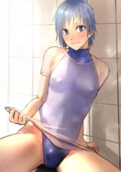 Rule 34 | 1boy, blouse, blue eyes, blue hair, blue one-piece swimsuit, blush, bulge, closed mouth, competition swimsuit, covered erect nipples, crossdressing, highres, kilye kairi, looking at viewer, male focus, medium hair, one-piece swimsuit, original, see-through, see-through shirt, shirt, short sleeves, sitting, solo, spread legs, swimsuit, trap, white shirt