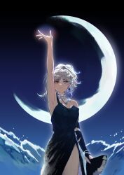 Rule 34 | 1girl, absurdres, arm up, armpits, bare shoulders, blue dress, choker, commentary request, cowboy shot, crescent moon, dress, eternity (reverse:1999), folding fan, hand fan, highres, holding, holding fan, looking at viewer, moon, night, night sky, off-shoulder dress, off shoulder, outdoors, reverse:1999, short hair, side slit, sky, solo, standing, star qiuxinxing, white hair, yellow eyes