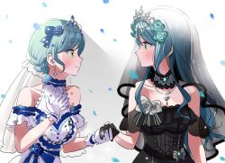 Rule 34 | 2girls, aqua hair, bang dream!, bare shoulders, black dress, black gloves, black vs white, black wedding dress, blush, bridal veil, closed mouth, commentary, detached sleeves, dress, earrings, falling petals, female focus, flower, frilled gloves, frilled sleeves, frills, gloves, green eyes, hand on own chest, highres, hikawa hina, hikawa sayo, idol, idol clothes, incest, jewelry, long hair, looking at another, multiple girls, petals, rose, see-through veil, shade, short hair, short sleeves, siblings, simple background, sisters, sleeveless, sleeveless dress, smile, sparkle, strapless, strapless dress, tiara, twincest, twins, upper body, veil, wedding dress, white background, white dress, white gloves, wife and wife, yuri, zihacheol