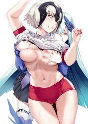 Rule 34 | 2girls, aqua hair, arm up, black skirt, blush, grabbing another&#039;s breast, breasts, breasts apart, brynhildr (fate), buruma, cleft of venus, clenched teeth, clothes lift, cowboy shot, deep skin, fate/apocrypha, fate/prototype, fate/prototype: fragments of blue and silver, fate (series), gluteal fold, grabbing, grabbing from behind, hair over one eye, hews, highres, jeanne d&#039;arc (fate), jeanne d&#039;arc (ruler) (fate), jeanne d&#039;arc alter (avenger) (fate), jeanne d&#039;arc alter (fate), large breasts, long hair, multiple girls, navel, nipples, no bra, one eye closed, purple eyes, red buruma, shirt, shirt lift, short hair, short sleeves, simple background, skirt, standing, stomach, sweat, teeth, very long hair, white background, white hair, white shirt, yellow eyes, yuri