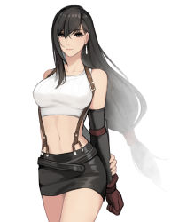 Rule 34 | 1girl, absurdres, black gloves, black hair, black shorts, brown eyes, closed mouth, elbow gloves, final fantasy, final fantasy vii, gloves, highres, kai1up, long hair, looking at viewer, navel, shirt, shorts, simple background, smile, solo, square enix, tifa lockhart, white background, white shirt