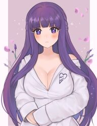 Rule 34 | 1girl, blunt bangs, breasts, cleavage, commentary, english commentary, fern (sousou no frieren), highres, large breasts, long hair, long sleeves, looking at viewer, purple eyes, purple hair, purrlucii, robe, single bare shoulder, solo, sousou no frieren, upper body, very long hair, white robe