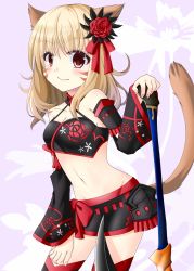 Rule 34 | 1girl, animal ears, bare shoulders, black skirt, black thighhighs, blonde hair, blush, bow, breasts, cat ears, cat girl, cat tail, cleavage, closed mouth, commentary request, crop top, detached sleeves, facial mark, final fantasy, final fantasy xiv, fingernails, flower, groin, hair bow, hair flower, hair ornament, hand on hilt, hand up, highres, long hair, long sleeves, looking at viewer, medium breasts, midriff, miqo&#039;te, nail polish, navel, noname (reticulian), pink nails, purple background, red bow, red eyes, red flower, red rose, rose, scythe, skirt, smile, solo, standing, tail, thighhighs, wide sleeves