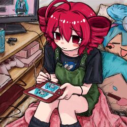 Rule 34 | 1girl, ahoge, black shirt, black socks, blush, blush stickers, bubbacterial, cinnamiku, collarbone, controller, drill hair, embarrassed, from above, game controller, green overalls, handheld game console, hatsune miku, highres, holding, holding handheld game console, holding stylus, indoors, kasane teto, key, knees together feet apart, monitor, monster energy, nintendo ds, pillow, red eyes, red hair, shirt, socks, solo focus, sonic (series), sonic the hedgehog, stylus, twin drills, utau, vocaloid