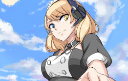 Rule 34 | 1girl, absurdres, alternate costume, anime coloring, blonde hair, blue eyes, blue sky, breasts, cloud, day, enmaided, female focus, from below, heterochromia, highres, large breasts, looking at viewer, maid, outdoors, outstretched arm, piao qi jiangjun, renown (warship girls r), sketch, sky, smile, solo, upper body, warship girls r, yellow eyes