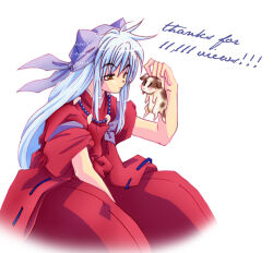 1boy animal animal_ears artist_name bead_necklace beads blue_hair commentary cropped_legs dog dog_ears english_commentary hakama hand_up headscarf holding holding_animal inuyasha inuyasha_(character) japanese_clothes jewelry kimono light_blue_hair long_hair looking_at_another male_focus milestone_celebration narrowed_eyes necklace orange_eyes puppy red_hakama red_kimono simple_background sleeves_rolled_up thank_you tongue tongue_out upper_body waiwaiwai watermark white_background