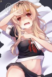 Rule 34 | 1girl, absurdres, blonde hair, blush, breasts, crying, crying with eyes open, hair flaps, hair ornament, hair ribbon, hairclip, hibiki (zerocodo), highres, kantai collection, long hair, looking at viewer, lying, medium breasts, navel, neckerchief, on back, open mouth, pleated skirt, red eyes, ribbon, school uniform, serafuku, skirt, solo, tears, translation request, yuudachi (kancolle), yuudachi kai ni (kancolle)