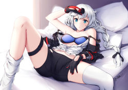 Rule 34 | 1girl, bed sheet, black ribbon, black shorts, blue bra, blue eyes, blush, bra, braid, breasts, dated, gloves, hair between eyes, hair ribbon, honkai (series), honkai impact 3rd, indoors, jacket, kallen kaslana, kallen kaslana (sin hunter), long hair, looking at viewer, lying, multicolored clothes, multicolored gloves, off shoulder, on back, on bed, open clothes, open shirt, pillow, ribbon, shibanme tekikumo, shirt, shorts, silver hair, sin hunter, single braid, small breasts, solo, spread legs, thigh strap, thighhighs, thighhighs pull, underwear, white shirt, white thighhighs