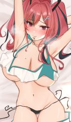 Rule 34 | 1girl, absurdres, arm up, armpits, azur lane, bed sheet, black panties, blush, bow, breasts, bremerton (azur lane), bremerton (scorching-hot training) (azur lane), commentary request, crop top, crop top overhang, eyelashes, from above, green hair, groin, hair between eyes, hair bow, hair ornament, heart, heart necklace, heavy breathing, highres, jewelry, large breasts, lying, mole, mole on breast, mole under eye, multicolored hair, navel, necklace, nose blush, oji fuguri, on back, panties, pink eyes, pink hair, shirt, side-tie panties, sleeveless, sleeveless shirt, solo, sportswear, streaked hair, tennis uniform, thigh gap, tsurime, twintails, two-tone shirt, underboob, underwear, untied panties, white shirt