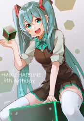 Rule 34 | 1girl, aqua eyes, aqua hair, character name, cube, hatsune miku, long hair, looking at viewer, open mouth, retsuna, sitting, skirt, solo, thighhighs, twintails, very long hair, vocaloid, white thighhighs