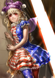 Rule 34 | 1girl, alley, american flag dress, american flag legwear, blonde hair, breasts, clownpiece, dress, fairy wings, frilled dress, frilled shirt, frills, hat, jester cap, light rays, lips, long hair, looking at viewer, pantyhose, perspective, petticoat, red eyes, shirt, short sleeves, small breasts, smile, solo, striped clothes, striped dress, sunlight, thighhighs, touhou, transparent wings, very long hair, wavy hair, wings, woominwoomin5