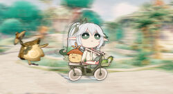 Rule 34 | 1girl, 2others, aranara (genshin impact), bag, basket, blurry, cabbage, character request, commentary, depth of field, detached sleeves, english commentary, full body, genshin impact, gradient hair, green eyes, grey hair, hair between eyes, hair ornament, highres, kinohara kossuta, long hair, looking away, motion blur, multicolored hair, multiple others, nahida (genshin impact), on motorcycle, parody, photo-referenced, pointy ears, riding, shopping bag, short sleeves, side ponytail, sidelocks, sitting, symbol-shaped pupils, turnip