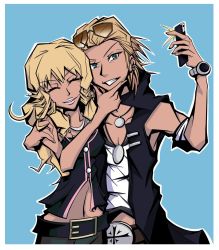 Rule 34 | 1boy, 1girl, belt, belt buckle, blonde hair, buckle, buttons, cellphone, closed eyes, collarbone, ear piercing, eyebrows, fingernails, ganguro, hand on another&#039;s face, hand on another&#039;s shoulder, highres, holding, holding phone, jewelry, long fingernails, medium hair, midriff, nao (twewy), navel, necklace, phone, piercing, smartphone, smile, sota (twewy), subarashiki kono sekai, sunglasses, sunglasses on head, taking picture, tan, upper body