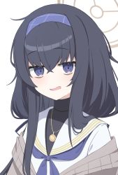 Rule 34 | 1girl, black undershirt, blue archive, commentary request, hairband, halo, highres, jewelry, looking at viewer, neckerchief, necklace, off shoulder, portrait, purple eyes, sailor collar, sasai nakoto, school uniform, simple background, solo, sweater, ui (blue archive), white background