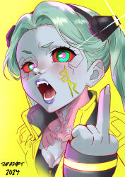 Rule 34 | 1girl, absurdres, aqua hair, artificial eye, breasts, cleavage, colored sclera, colored skin, cyberpunk (series), cyberpunk edgerunners, green eyes, grey skin, highres, mechanical eye, middle finger, neck tattoo, open mouth, piercing, pink tattoo, rebecca (cyberpunk), red sclera, simple background, sinpadart, solo, tattoo, teeth, tongue piercing, twintails, yellow background