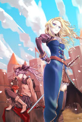 Rule 34 | 2girls, arm up, bad id, bad pixiv id, belt, black bow, black legwear, black skirt, blonde hair, blue dress, blue eyes, blue sky, boots, bow, breasts, brown footwear, brown headwear, brown skirt, castle, cleavage, cloud, day, dog, dress, elbow gloves, closed eyes, flag, frills, glasses, gloves, hand on own hip, highres, imazui (sasachi), katie (sennen sensou aigis), long sleeves, looking at viewer, medium breasts, mittens, multiple girls, outdoors, pantyhose, purple hair, red scarf, rino (sennen sensou aigis), scarf, sennen sensou aigis, sheath, sheathed, sitting, skirt, sky, small breasts, standing, sword, twintails, weapon, wind