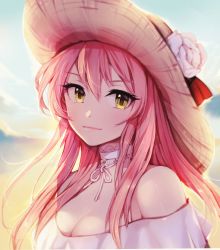 Rule 34 | 1girl, absurdres, backlighting, bare shoulders, breasts, choker, cleavage, commentary request, dress, evening, flower, flower request, frilled choker, frills, hair between eyes, hair down, hat, hat flower, highres, idolmaster, idolmaster cinderella girls, jougasaki mika, korean commentary, long hair, looking at viewer, off shoulder, outdoors, pink hair, pinkiepies2, sky, solo, sun hat, upper body, white dress, yellow eyes