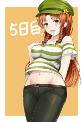 Rule 34 | 1girl, alternate costume, bare shoulders, belt, black pants, blue eyes, blush, braid, breasts, denim, female focus, green cap, green hat, hat, highres, hong meiling, jeans, long hair, midriff, midriff peek, navel, open mouth, pants, pocket, red hair, shirt, solo, standing, stomach, striped clothes, striped shirt, temari rin, thighs, tongue, touhou, twin braids