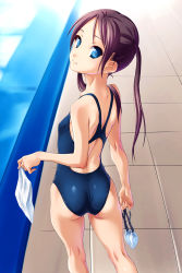 Rule 34 | 1girl, ass, black hair, blue eyes, competition swimsuit, goggles, highres, kneepits, long hair, looking back, norizou type-r, one-piece swimsuit, original, pool, poolside, solo, swimsuit, twintails
